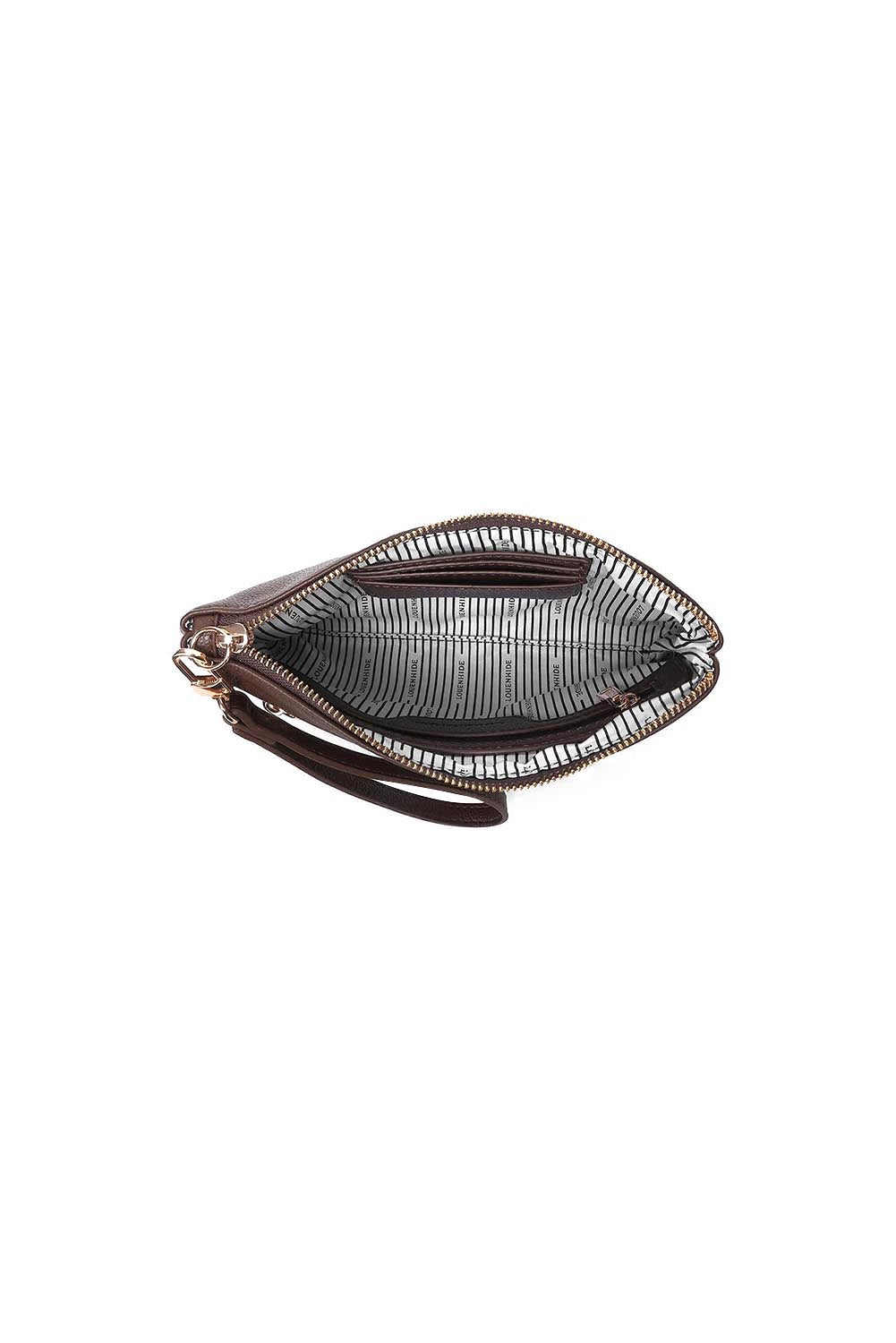 Product shot of the Mimi Clutch - Chocolate in colour Chocolate, showing detail
