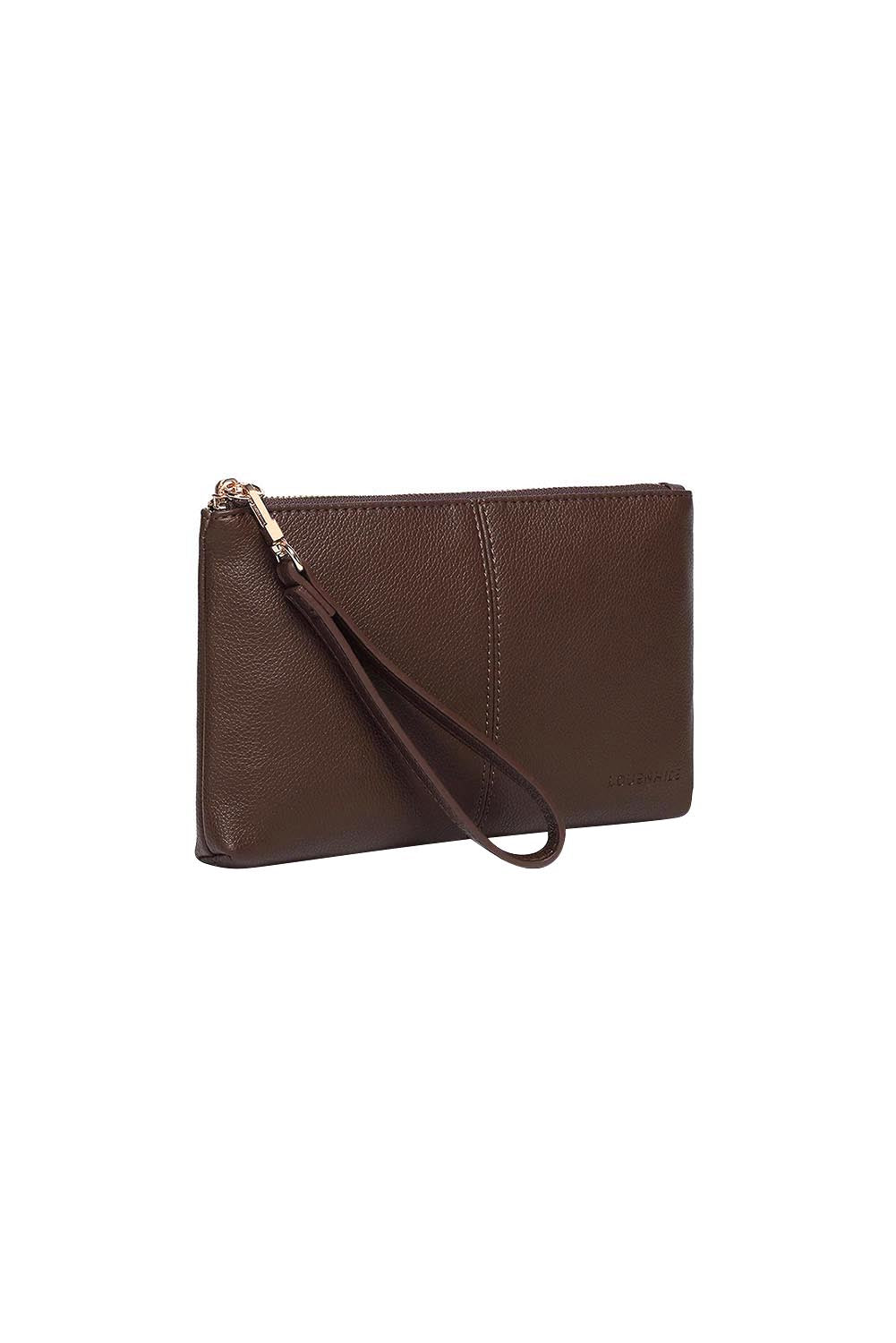 Product shot of the Mimi Clutch - Chocolate in colour Chocolate, showing detail