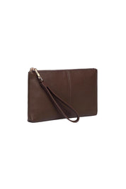 Product shot of the Mimi Clutch - Chocolate in colour Chocolate, showing detail