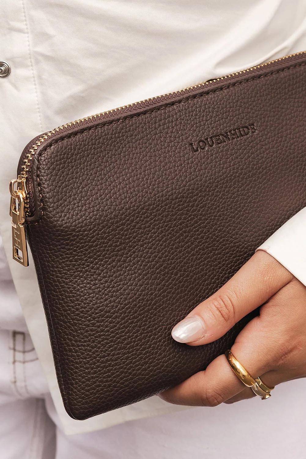 Product shot of the Poppy Clutch - Chocolate in colour Chocolate, from the back