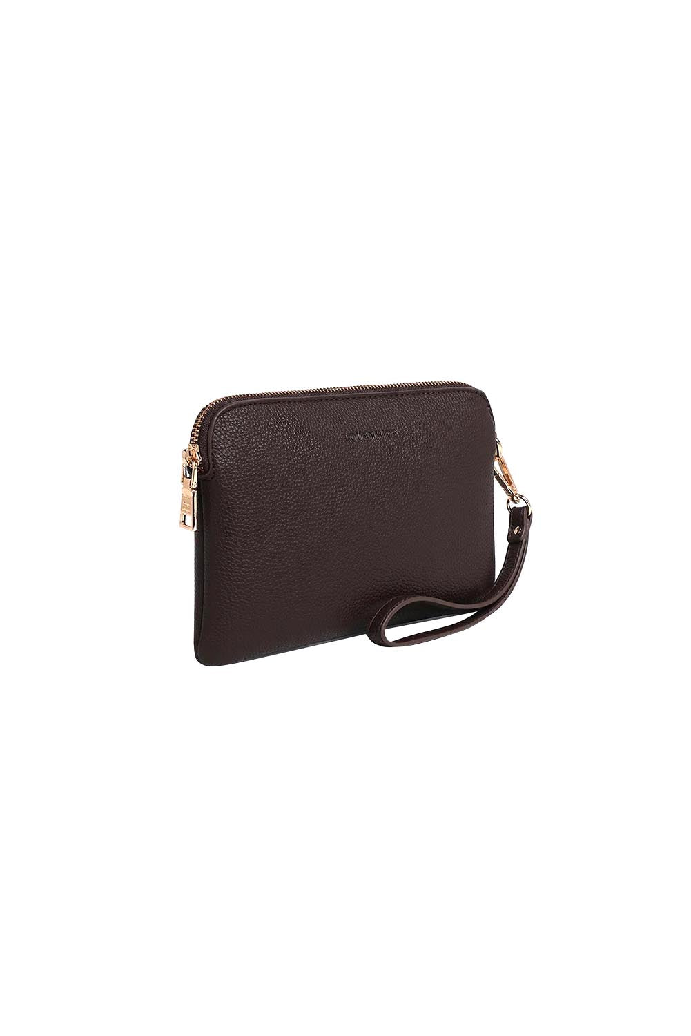 Product shot of the Poppy Clutch - Chocolate in colour Chocolate, showing detail