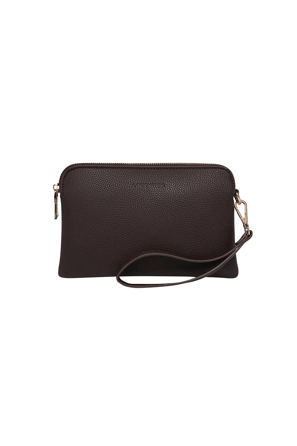 Product shot of the Poppy Clutch - Chocolate in colour Chocolate, from the front