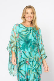 Model Genericm wearing size sample of the Silk Blend Printed Kaftan Top - Acquagarden in colour Acquagarden, in a cropped view