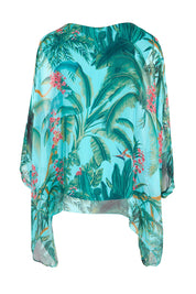 Product shot of the Silk Blend Printed Kaftan Top - Acquagarden in colour Acquagarden, from the back