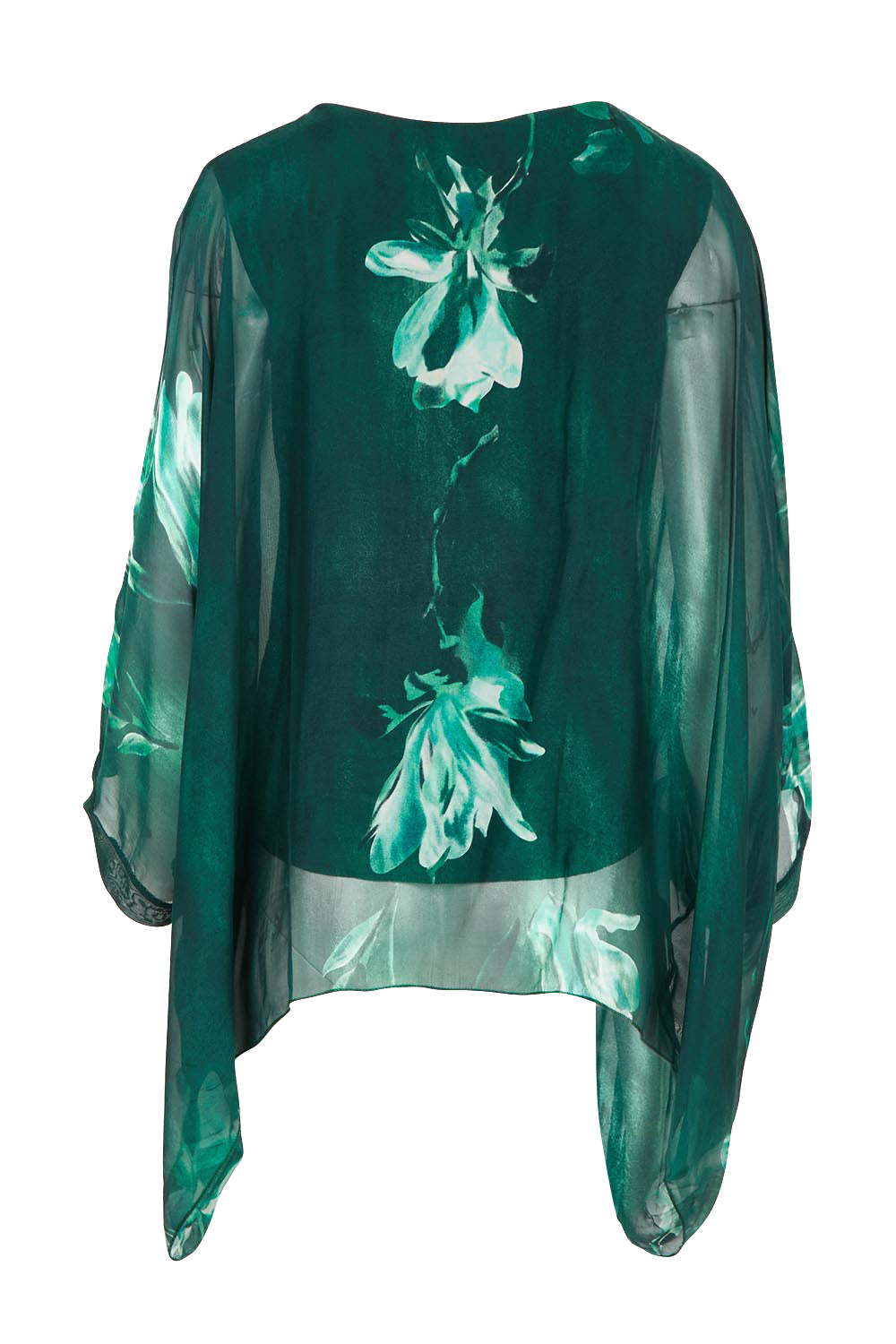 Product shot of the Silk Blend Printed Kaftan Top in colour Darkgreen (Green), from the back