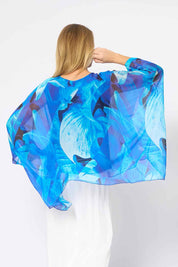 Model Genericm wearing size sample of the Silk Blend Printed Kaftan Top - Cobaltprint in colour Cobaltprint, from the back