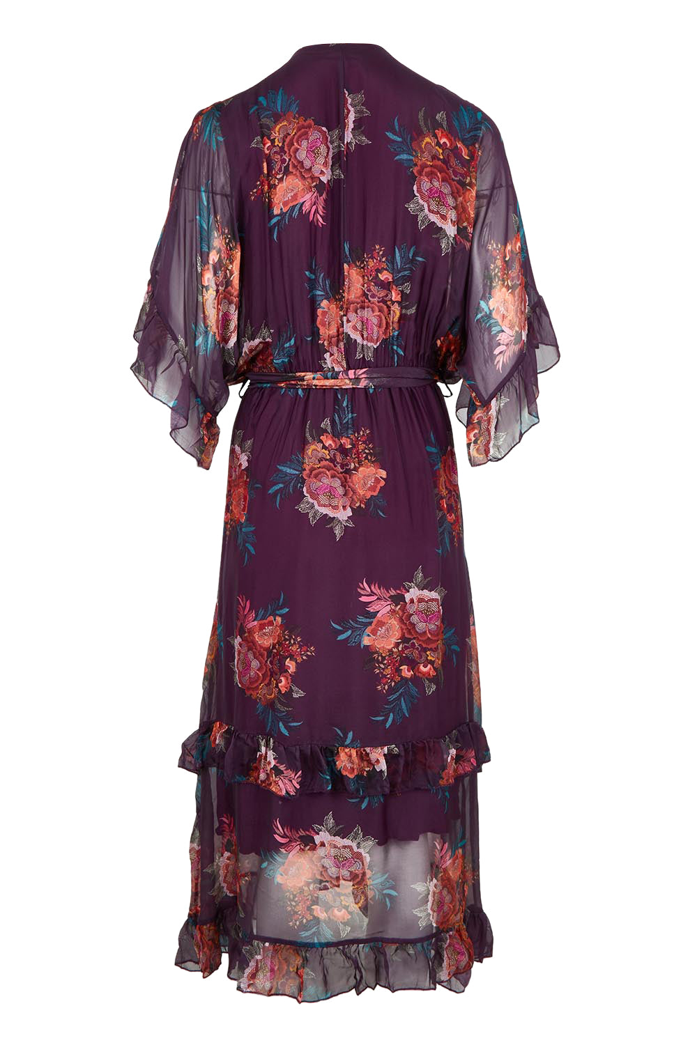Product shot of the Frill Sleeve Silk Blend Print Dress in colour Orchidea (Purple), from the back