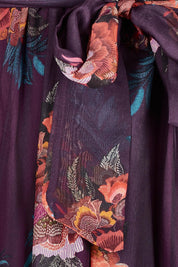 Product shot of the Frill Sleeve Silk Blend Print Dress in colour Orchidea (Purple), detail