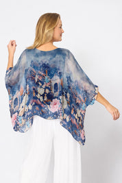 Model Genericm wearing size sample of the Silk Blend Printed Kaftan Top - Navypinkfloral in colour Navypinkfloral, from the back