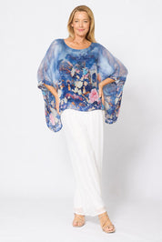 Model Genericm wearing size sample of the Silk Blend Printed Kaftan Top - Navypinkfloral in colour Navypinkfloral, from the front