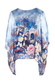 Product shot of the Silk Blend Printed Kaftan Top - Navypinkfloral in colour Navypinkfloral, from the back