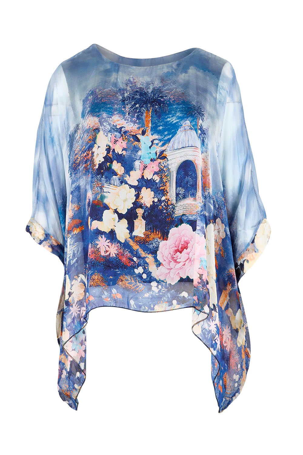 Product shot of the Silk Blend Printed Kaftan Top - Navypinkfloral in colour Navypinkfloral, from the front