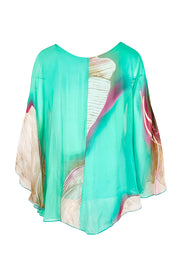 Product shot of the Silk Blend Flounce Sleeve Top - Blueturqprint in colour Blueturqprint, from the back
