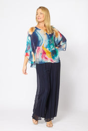 Model Genericm wearing size sample of the Silk Blend Flounce Sleeve Top - Navyfloral in colour Navyfloral, from the front