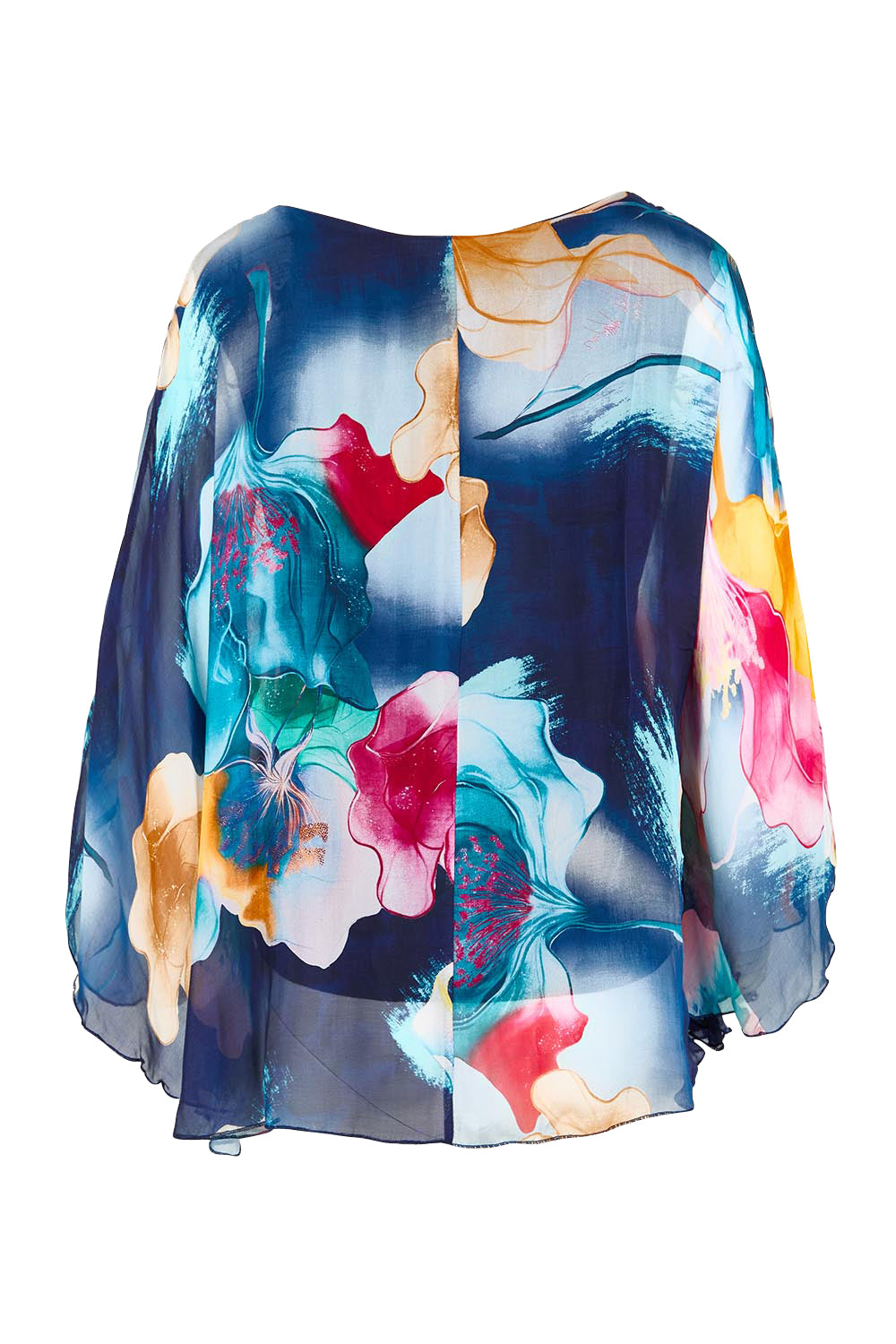 Product shot of the Silk Blend Flounce Sleeve Top - Navyfloral in colour Navyfloral, from the back