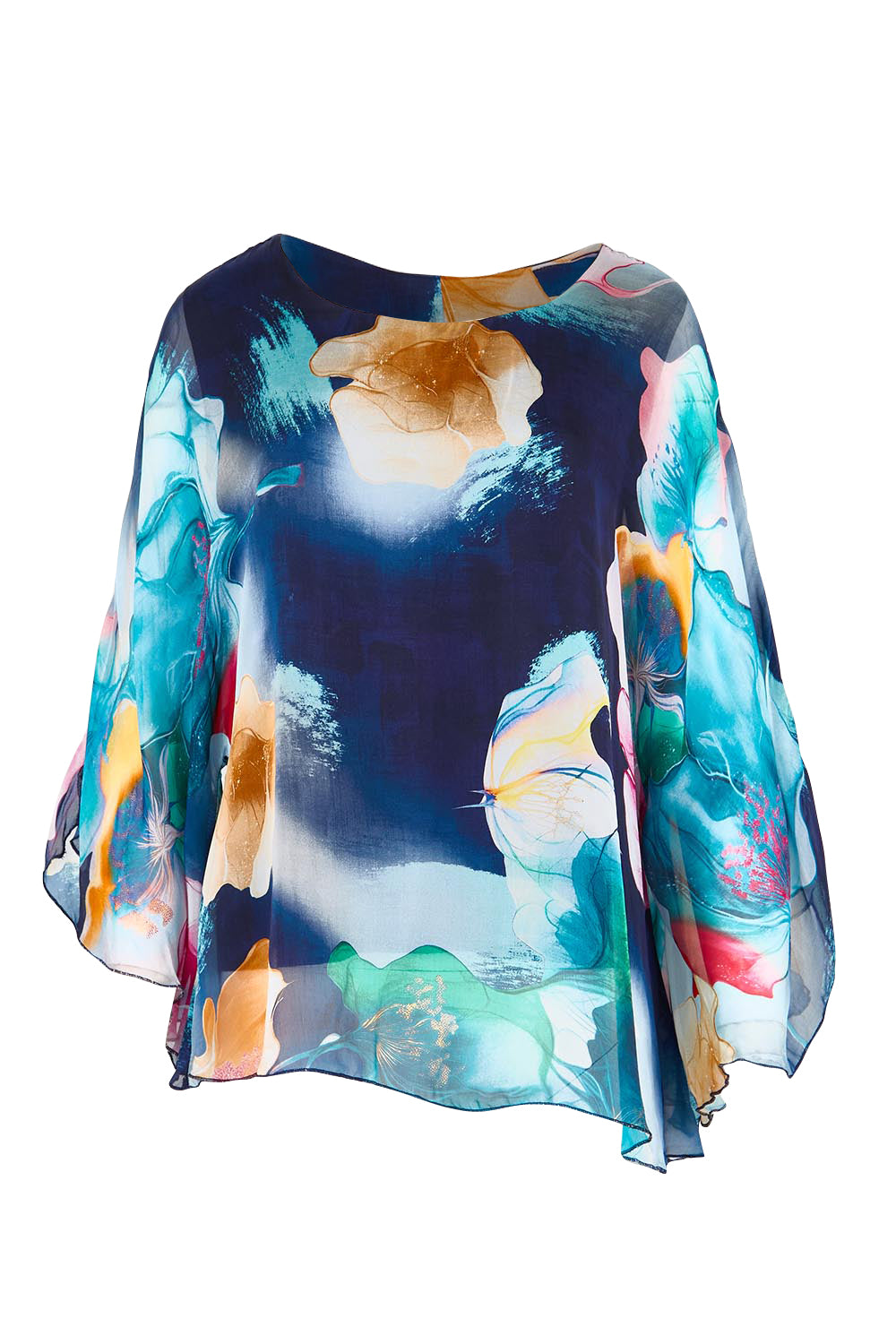 Product shot of the Silk Blend Flounce Sleeve Top - Navyfloral in colour Navyfloral, from the front