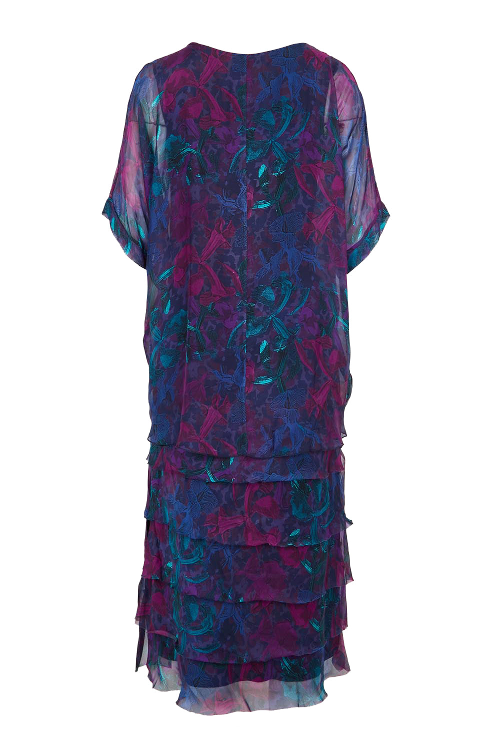 Product shot of the Silk Blend Multi Layers Dress - Navyfloral in colour Navyfloral, from the back