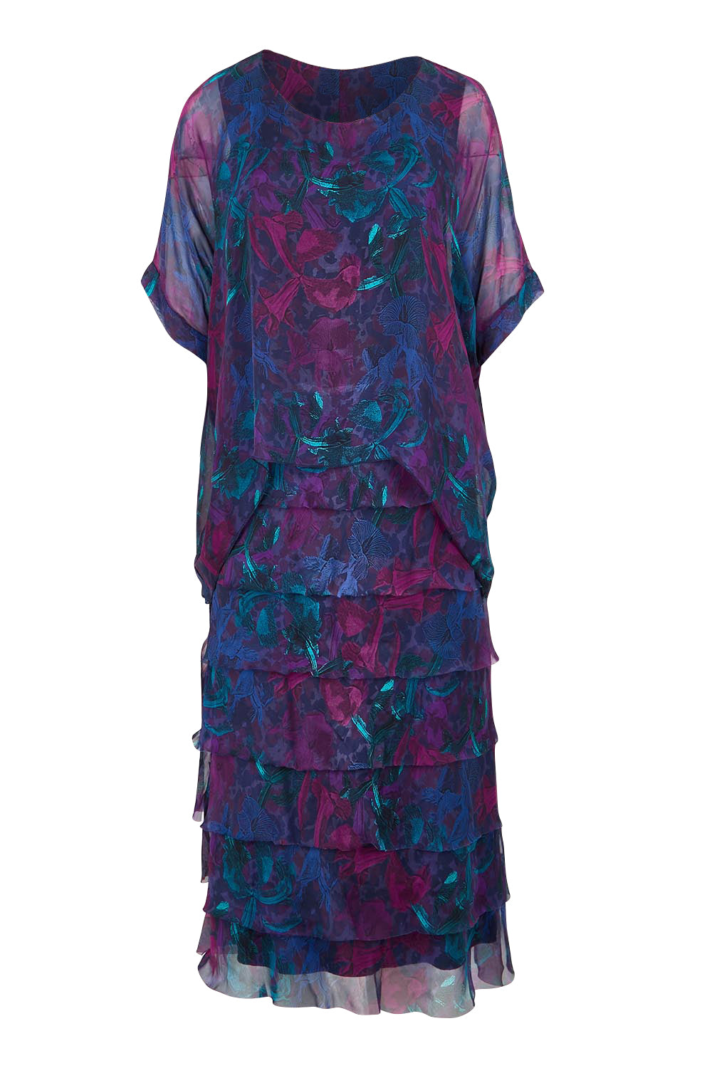 Product shot of the Silk Blend Multi Layers Dress - Navyfloral in colour Navyfloral, from the front