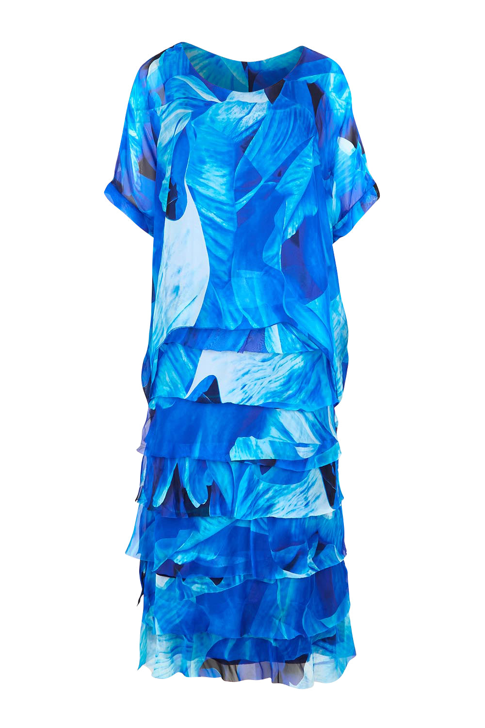 Product shot of the Silk Blend Multi Layers Dress - Cobaltprint in colour Cobaltprint, from the front