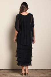 Model Maddiec wearing size 10 of the Silk Blend Multi Layers Dress - Black in colour Black, from the front