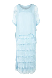Product shot of the Silk Blend Multi Layers Dress in colour Celeste (Blue), from the front