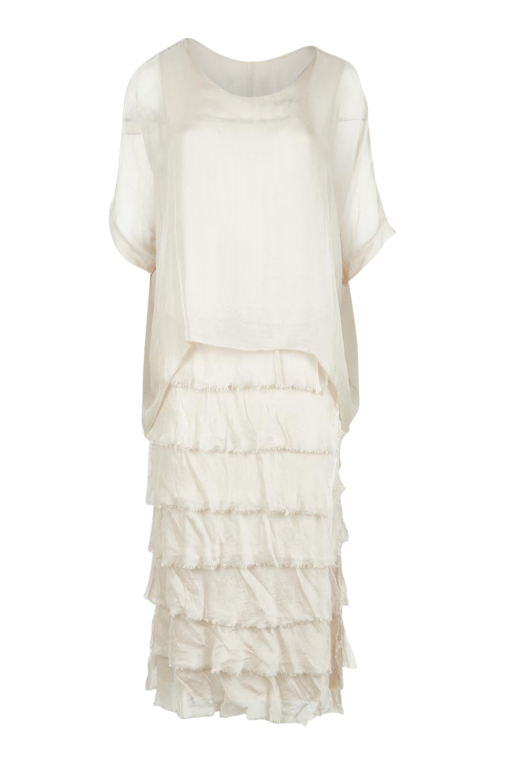 Product shot of the Silk Blend Multi Layers Dress in colour Champagne (White), from the front