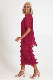 Model Sandy wearing the Silk Blend Multi Layers Dress in colour Orchidea (Purple), from the front, showing the whole outfit