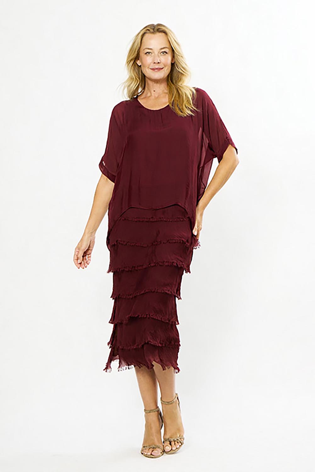 Model Genericm wearing size sample of the Silk Blend Multi Layers Dress - Wine in colour Wine, from the front