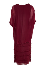 Product shot of the Silk Blend Multi Layers Dress - Wine in colour Wine, from the back