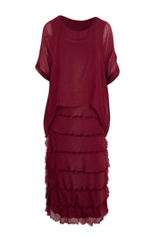 Product shot of the Silk Blend Multi Layers Dress - Wine in colour Wine, from the front