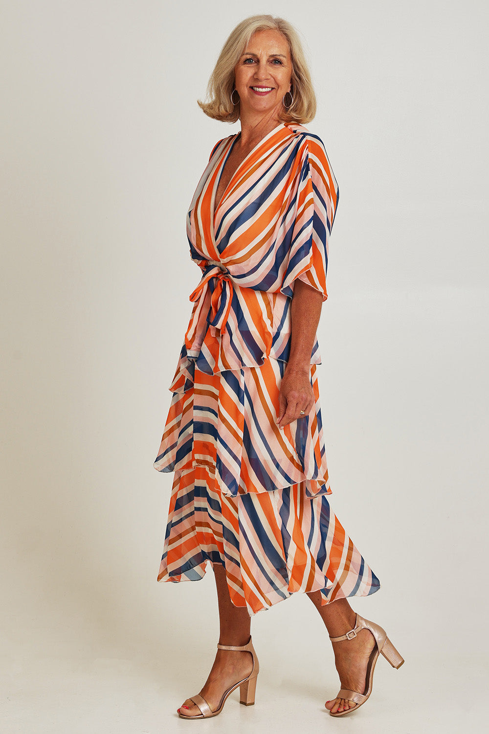 Model Sandy wearing the Short Sleeve Silk Print Dress in colour Orangenavy, from the front, showing the whole outfit