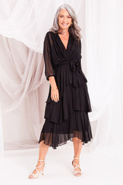 Model Luisa wearing the Long Sleeve Silk Dress in colour Black (Black), from the front, showing the whole outfit