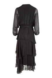 Product shot of the Long Sleeve Silk Dress in colour Black (Black), from the back