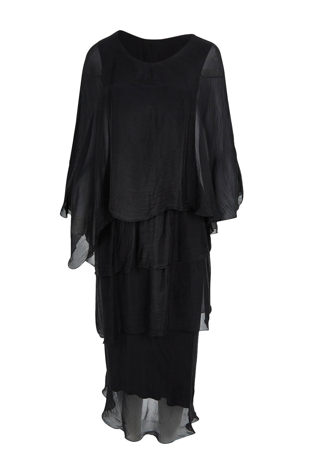 Product shot of the Overlay Silk Dress in colour Black (Black), from the front