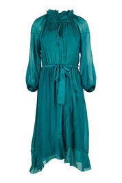 Product shot of the Frill Tie Neck Dress in colour Teal (Green), from the front