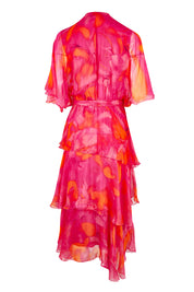 Product shot of the Short Sleeve Silk Blend Print Dress in colour Orangepink (Pink), from the back