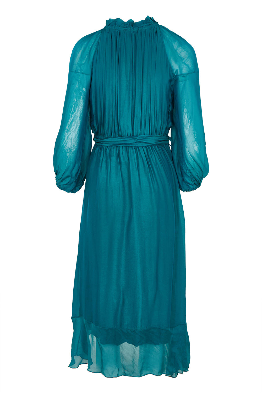 Product shot of the Long Sleeve Silk Frill Tied Neck Knee Length Dress in colour Teal (Green), from the back
