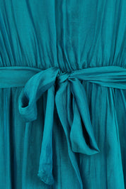 Product shot of the Long Sleeve Silk Frill Tied Neck Knee Length Dress in colour Teal (Green), detail
