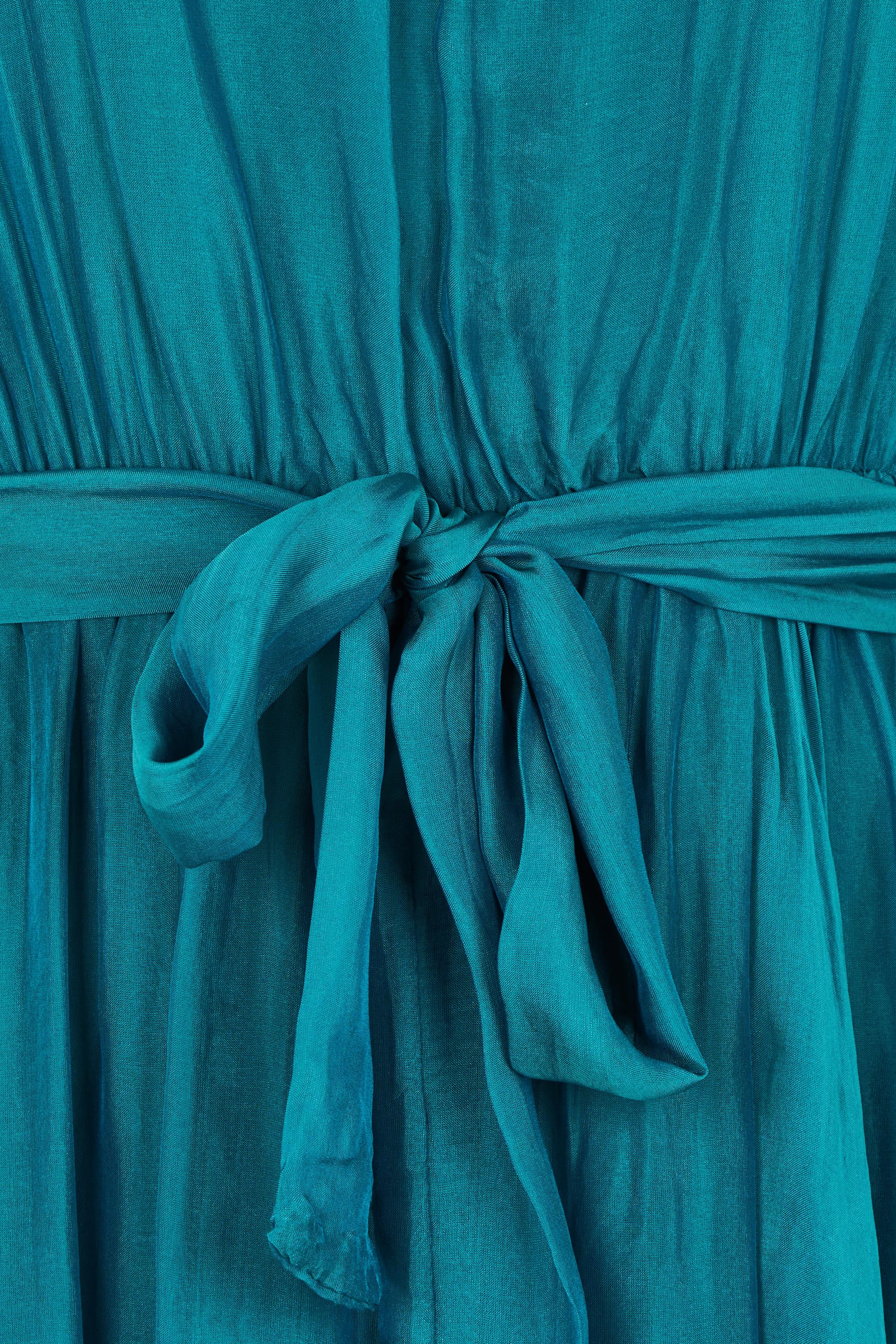 Product shot of the Long Sleeve Silk Frill Tied Neck Knee Length Dress in colour Teal (Green), detail