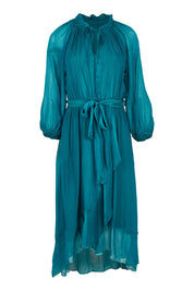 Product shot of the Long Sleeve Silk Frill Tied Neck Knee Length Dress in colour Teal (Green), from the front