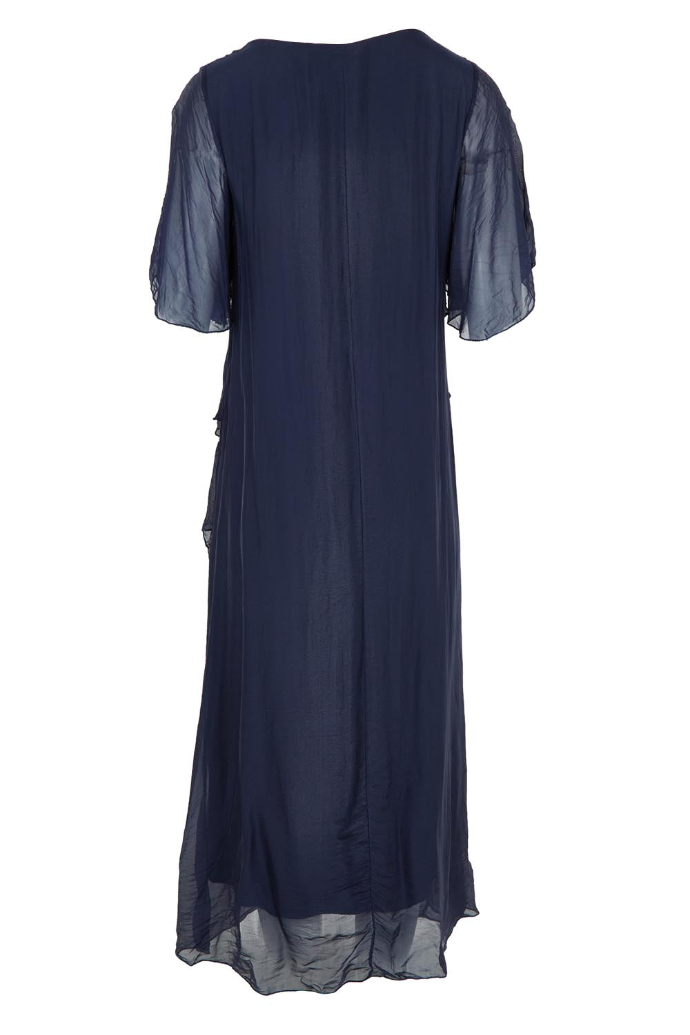 Product shot of the Silk Blend Angled Layers Dress – Navy (Blue), from the back