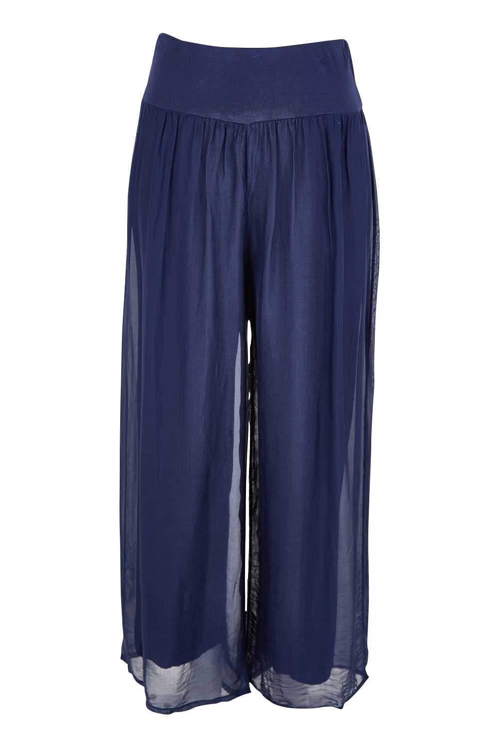 Product shot of the Silk Pant in colour Navy (Blue), from the front