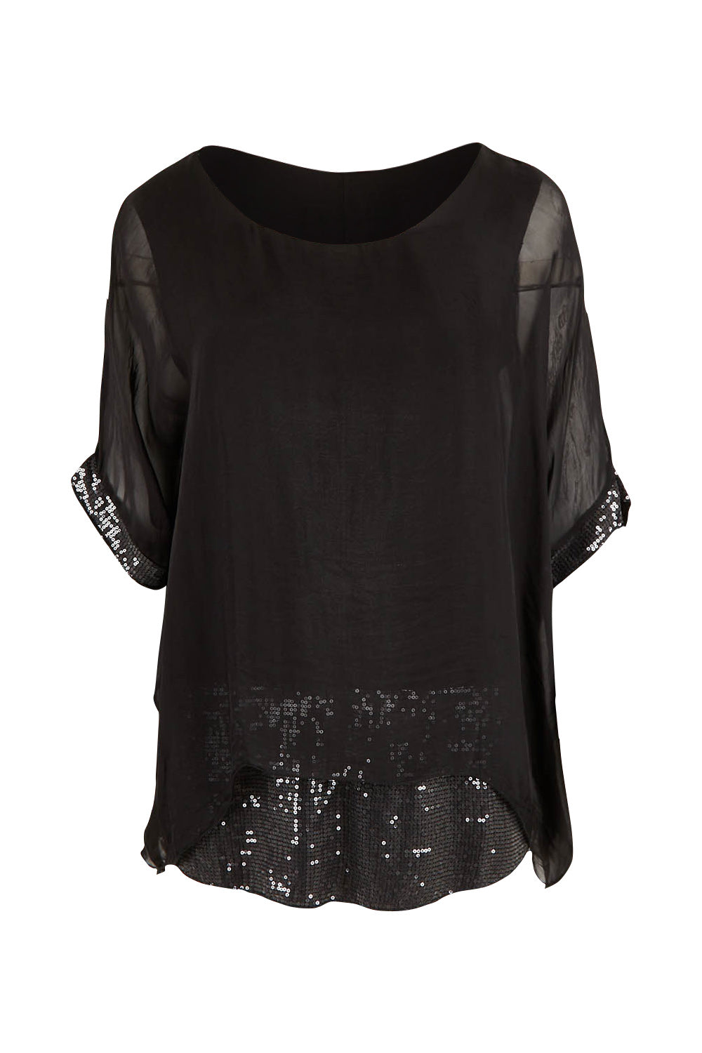 Product shot of the Silk Sequin Top in colour Black (Black), from the front