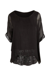 Product shot of the Silk Sequin Top in colour Black (Black), from the front