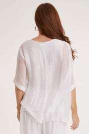 Model Sally wearing the Silk Sequin Top in colour White (White), from the back
