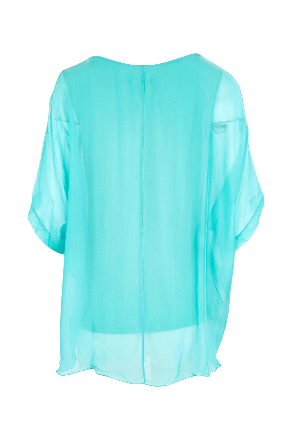 Product shot of the Silk Blend Three Layer Raw Edge Top - Acqua in colour Acqua, from the back