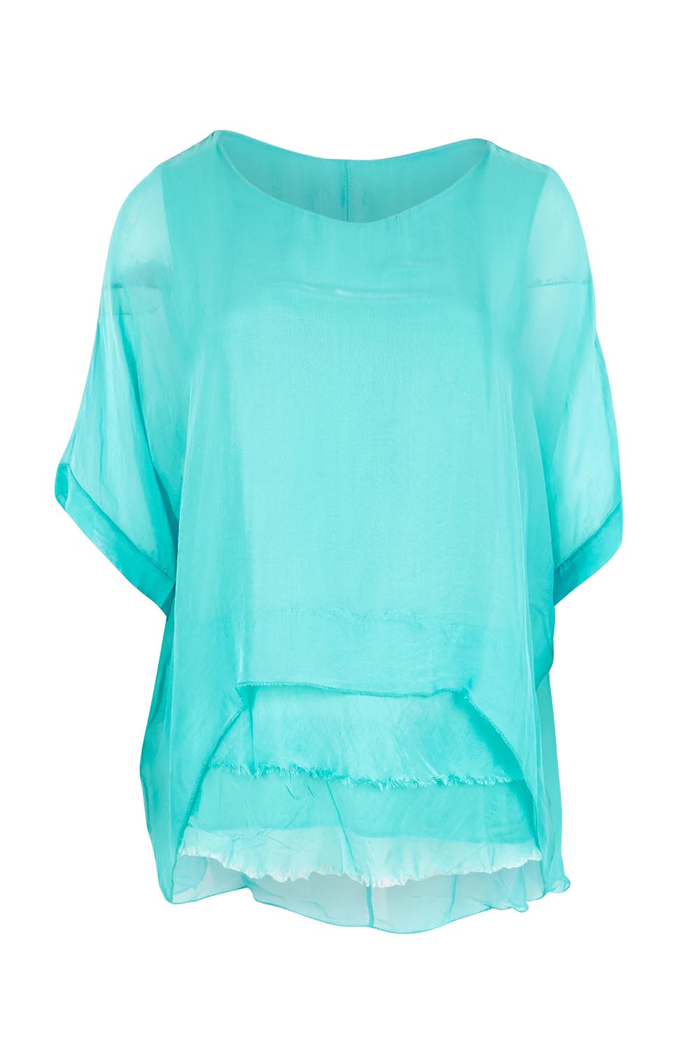 Product shot of the Silk Blend Three Layer Raw Edge Top - Acqua in colour Acqua, from the front