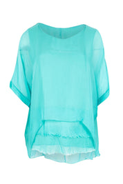 Product shot of the Silk Blend Three Layer Raw Edge Top - Acqua in colour Acqua, from the front