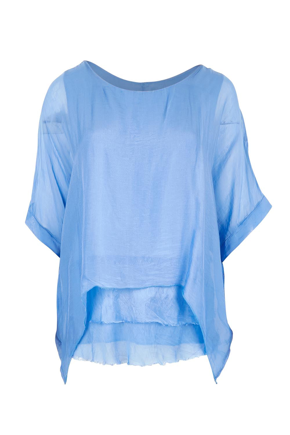 Product shot of the Silk Blend Three Layer Raw Edge Top in colour Blueturco (Blue), from the front