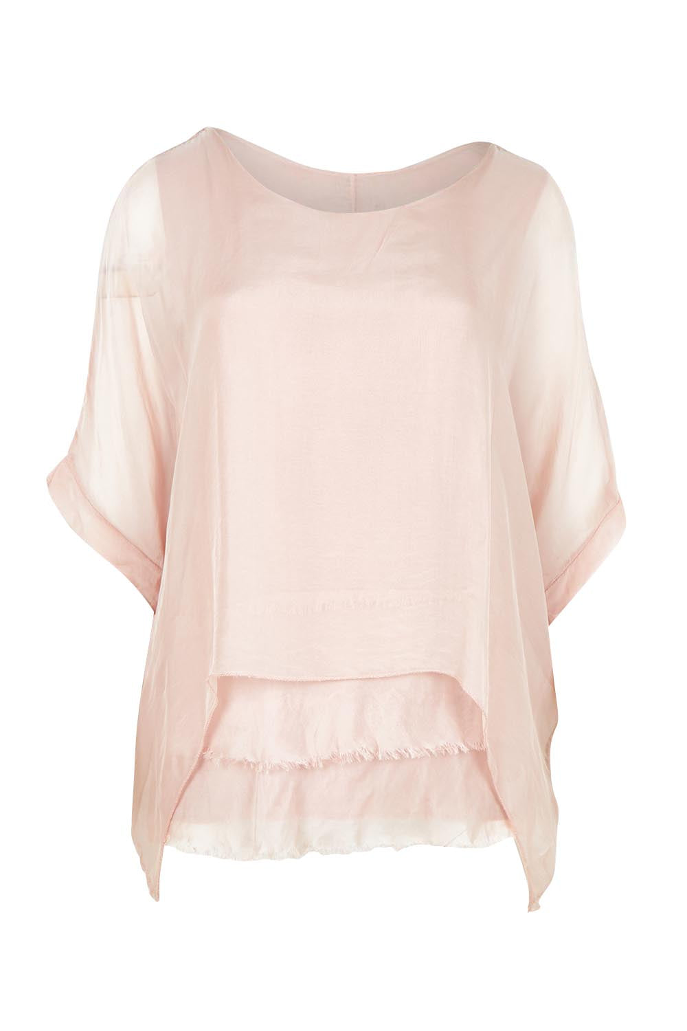Product shot of the Silk Blend Three Layer Raw Edge Top in colour Blushpink (Pink), from the front